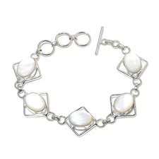 Mother Of Pearl Gemstone Handmade 925 Sterling Silver Jewelry Bracelet Size7-8"