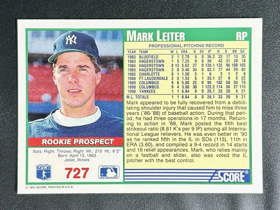 1991 Score - Mark Leiter #727 (RC) - Image 2 of 2