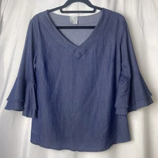 Naif Blouse Womens Large Denim Stretch V Neck Bell 3/4 Sleeve Rayon Blend Blue