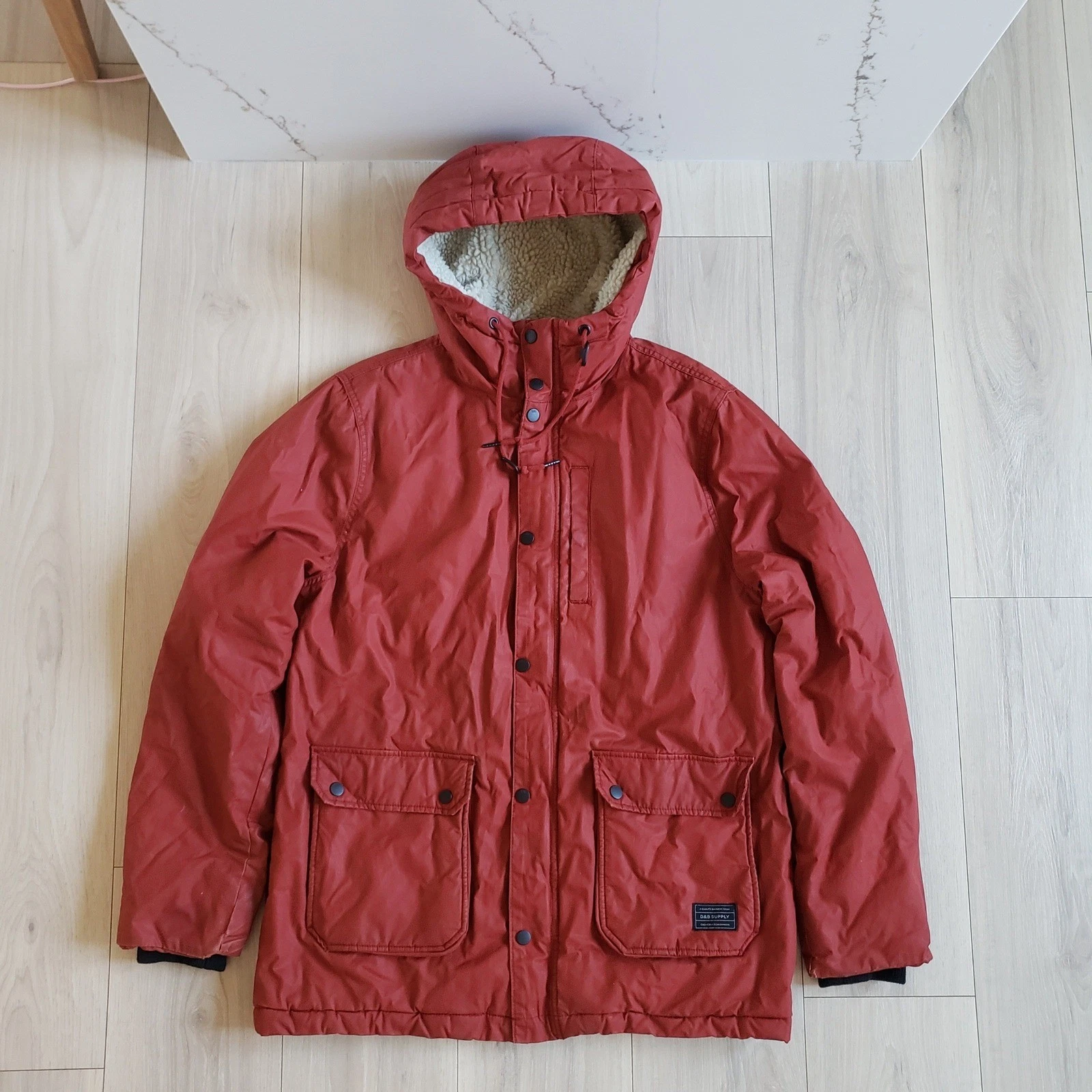 D&B Supply Jacket Mens L Red Quilted Sherpa Lined Winter Hooded Parka Coat