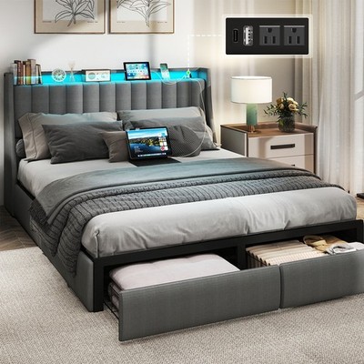 Queen Size Metal LED Bed Frame with Storage Upholstered Headboard and Bed Drawer