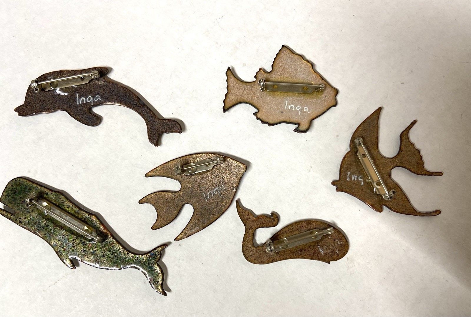 6 pcs. Wholesale Lot-Enamel on Copper SM. FISH PIN-ARTISAN Made-Inga Enamels