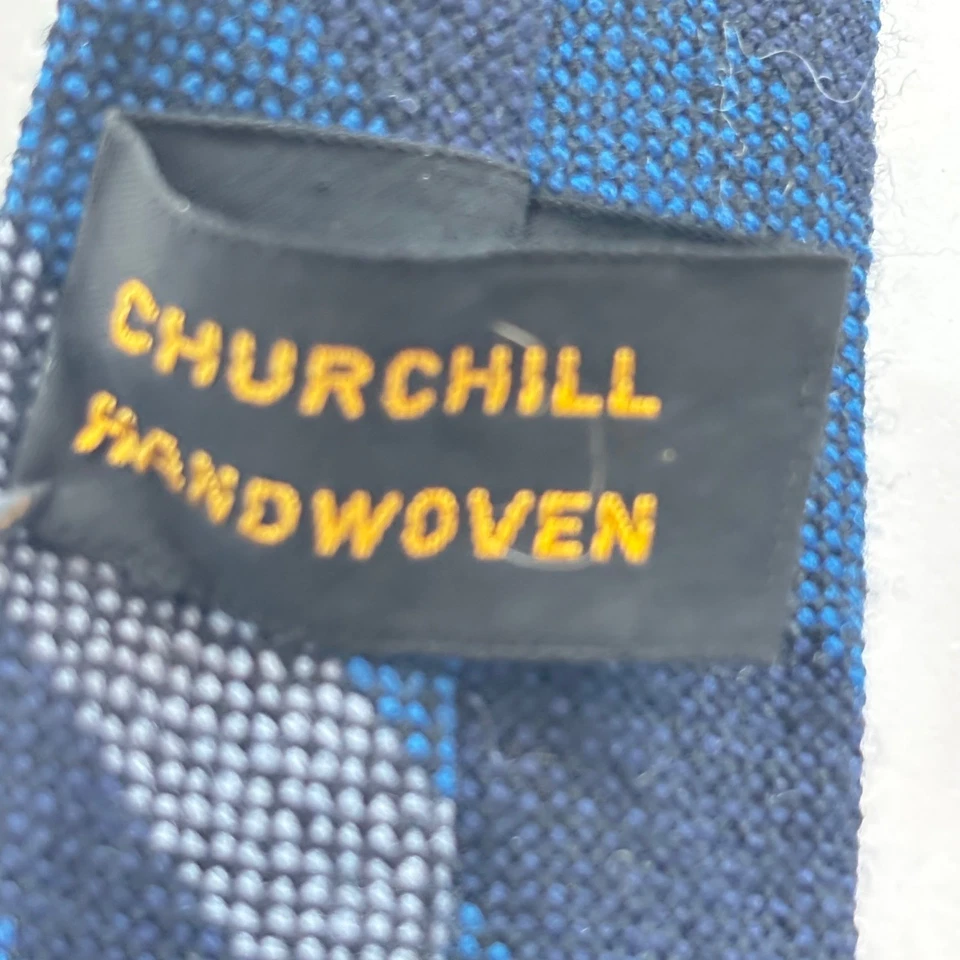 Churchill Weavers 紧身羊毛领带手工编织方形蓝色灰色条纹 60-70 年代 — 第 4/4 张图片