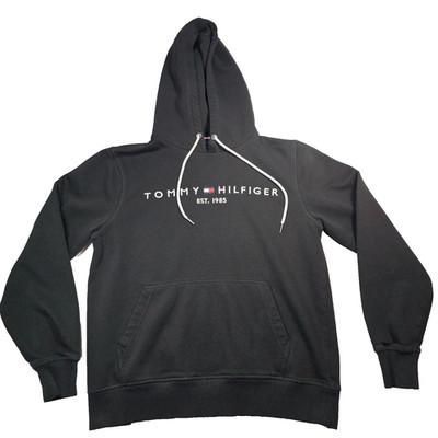 Tommy Hilfiger Hoodie Men's Medium Black Logo Pullover Sweatshirt Kangaroo Pocke