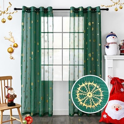 2PCS Gold Foil Snowflake Sheer Curtains 52×84in Christmas Decor
