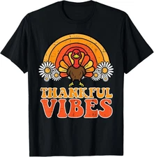 Thankful Vibes Turkey Rainbow Funny Retro Design Unisex T-Shirt