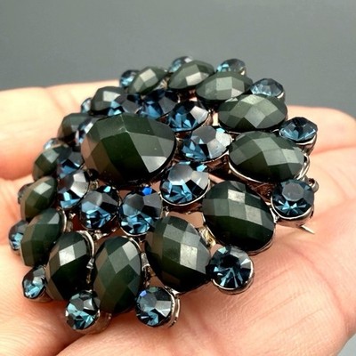 Vintage Silver-Tone Brooch Green & Blue Rhinestones Round Design Jewelry