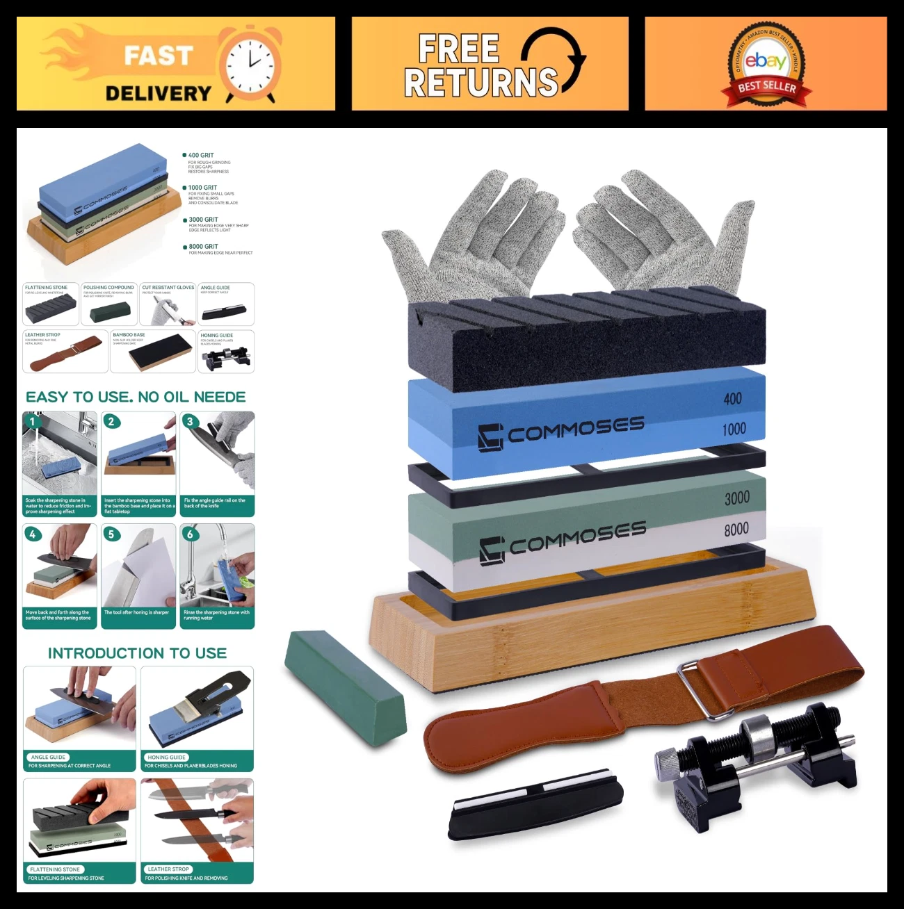 4-Sided Whetstone Knife Sharpener Set 8000/3000 & 1000/400 with Bamboo Base, Glo