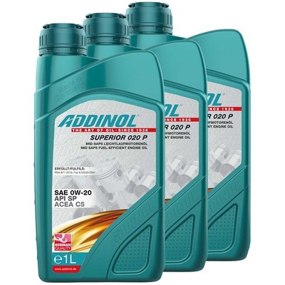 Motoröl ADDINOL 0W-20 Superior 020 P 3 X 1 Liter für Citroen Fiat Honda Hyundai 