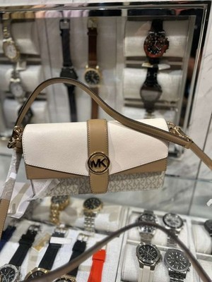 Michael Kors Greenwich Women Medium Logo Convertible Crossbody Bag Light Cream