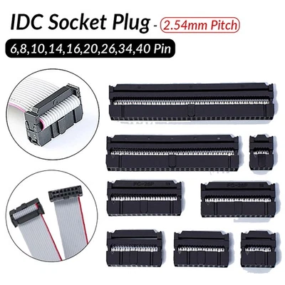 IDC Socket Plug Ribbon Cable Connector-6,8,10,14,16,20,26,34,40 Way-Pitch 2.54mm