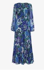 Rixo Blue Floral & Metallic Maxi Tiered Stunning Dress Size XXS UK 6-8 Worn x 1