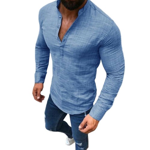 Men V-Neck Button T-Shirt Casual Muscle Long Sleeve Shirt Solid Slim Fit Tops - Picture 7 of 12