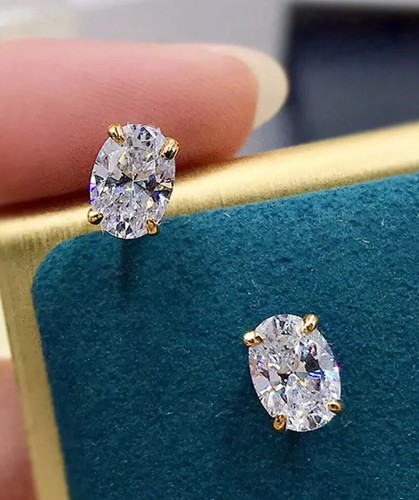 Oval Cut 2Ct Lab Created Diamond Solitaire Stud Earrings 14K Yellow Gold Plated - Picture 2 of 2