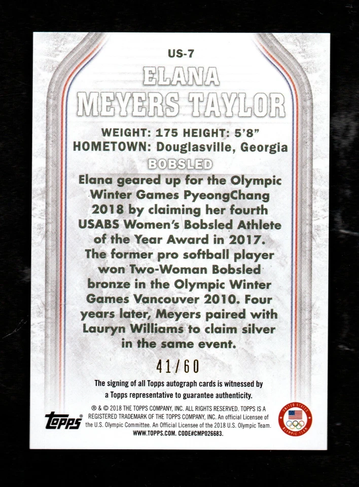 2018 Topps Equipo Olímpico de Estados Unidos Elena Meyers Taylor Bobsled #7 Autógrafo 41/60 Foto 2 de 2
