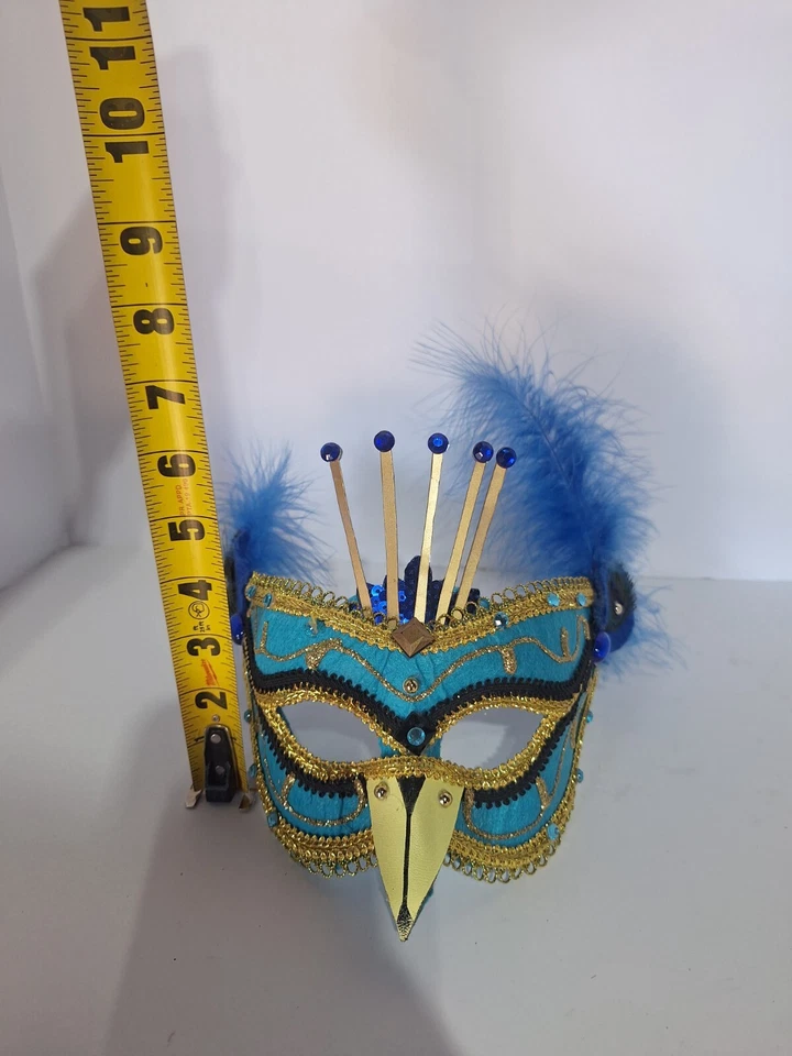 Blue and Gold Peacock Masquerade Mask with feathers missing 1 feather, easy fix - Image 2 of 4