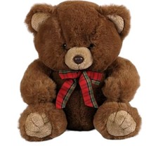 Vintage RUSS Chubby Bear Plush Chunky Brown Bear Hess's Exclusive Red Plaid Bow