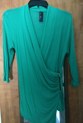 Blue Rain Women's Size Small Green Stretch Blouse Top V Neck