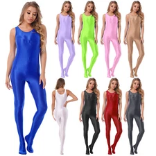 Womens Sleeveless Full Body Bodysuit Glossy Round Neck Bodystockings Nightwear