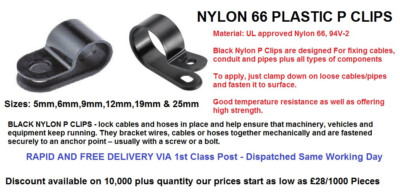 6,3 mm 1/4 Zoll 50 Stück Schwarz Nylon Kunststoff P Clips Kfz Kabel Draht Rohrschellen