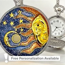 Mystic Sun  Stars Pocket Watch - Celestial Moon Cosmic Gift, Starry Vintage