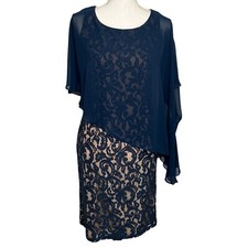 Adrianna Papell Dress Womens 4 Chiffon Drape Lace Overlay Evening Cocktail Blue