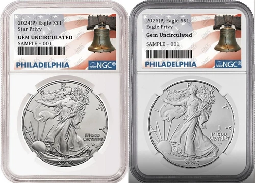 2 coin set 2024 and 2025 p silver eagle with privy ngc gem uncir philly  in hand