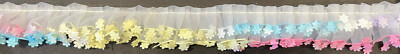 1'' WHITE PLEATED NYLON ORGANZA FABRIC TRIM MULTI COLOR FLORAL EDGE 12 YARDS 