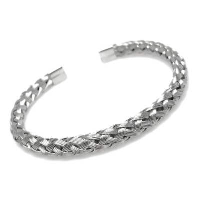 Stainless Steel Silver Round Braid Wire Cuff Bracelet Mens