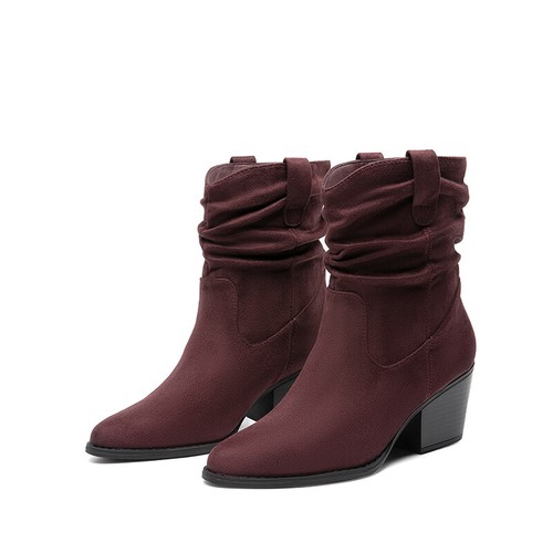 Women Low Chunky Heel Ankle Boots Almond Toe Pull On Suede Booties - Picture 10 of 10