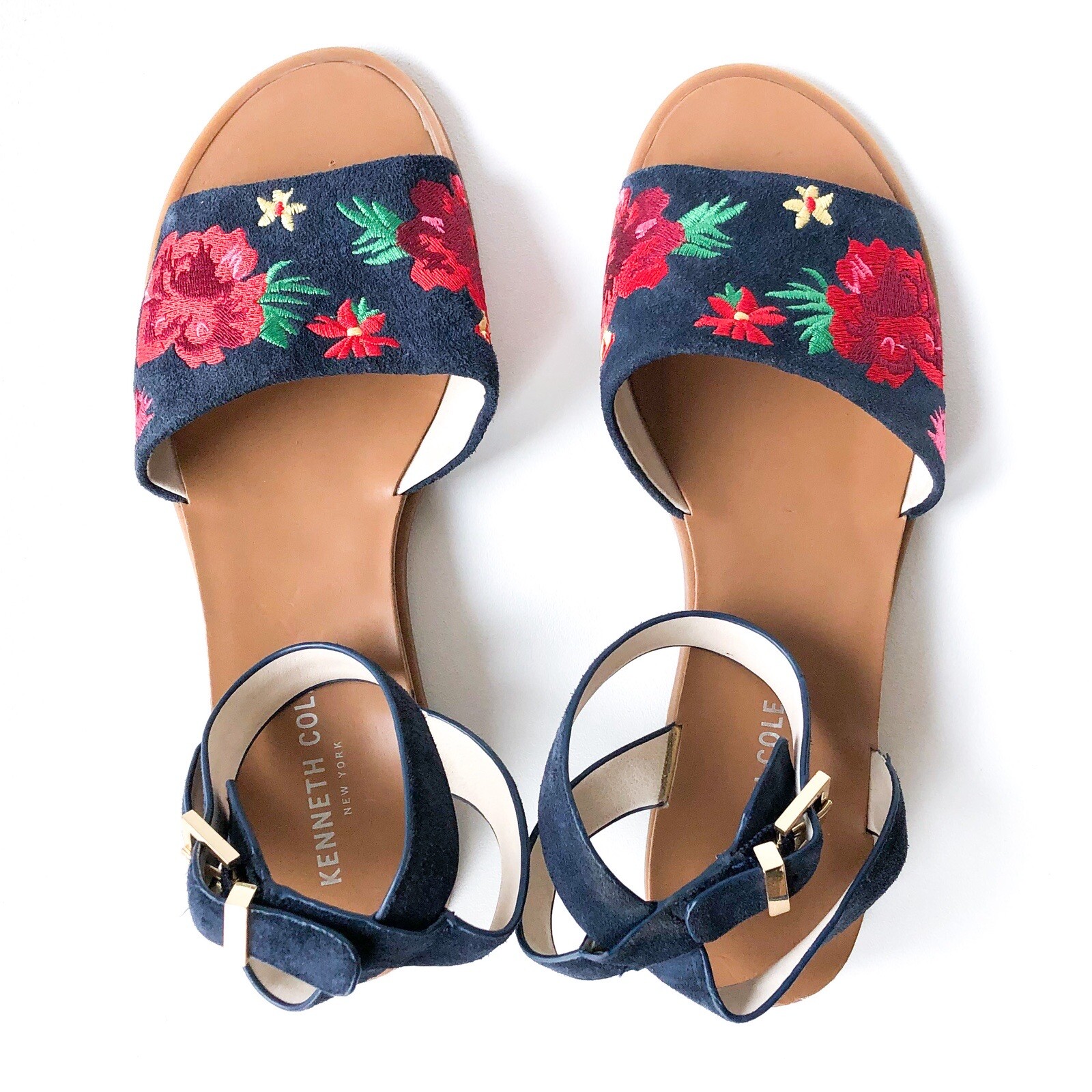 APL Sandali floreali ricamati blu e rossi cinturino alla caviglia. Donna taglia 8