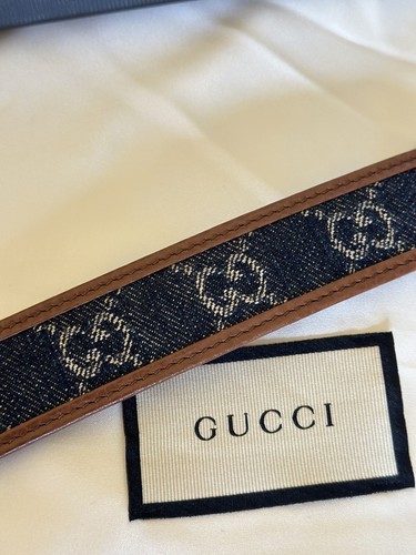CINTURA GUCCI GG LOGO DENIM TELA PELLE MARRONE 678694 TG 85 NUOVA CON SCATOLA ITALIA - Foto 7 di 8