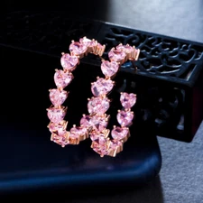 Gorgeous Rose Gold Plated Cubic Zirconia Pink Heart Hoop Earrings for Women Gift