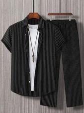Men Summer Outfit Stripe Short Sleeve Shirt Pants Daily Casual Set