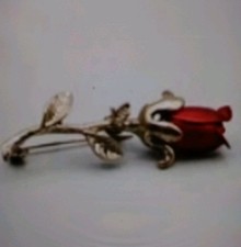 Pair of Vintage Red Plastic Rose Flower Brooches with Green Stems — listing 4