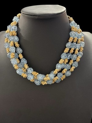 Trifari Vintage Blue Gold tone Nugget Glass Necklace Bracelet Jewelry Set Signed
