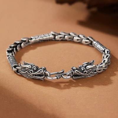 Reines 925 Sterling Silber Drachenwaage & Röhre Perlen Armband mit Drachenkopf Verschluss