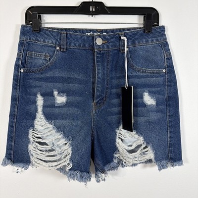 Refuge Denim Blue Jean Mom Shorts Distressed High Rise 7 Destroyed Raw Hem