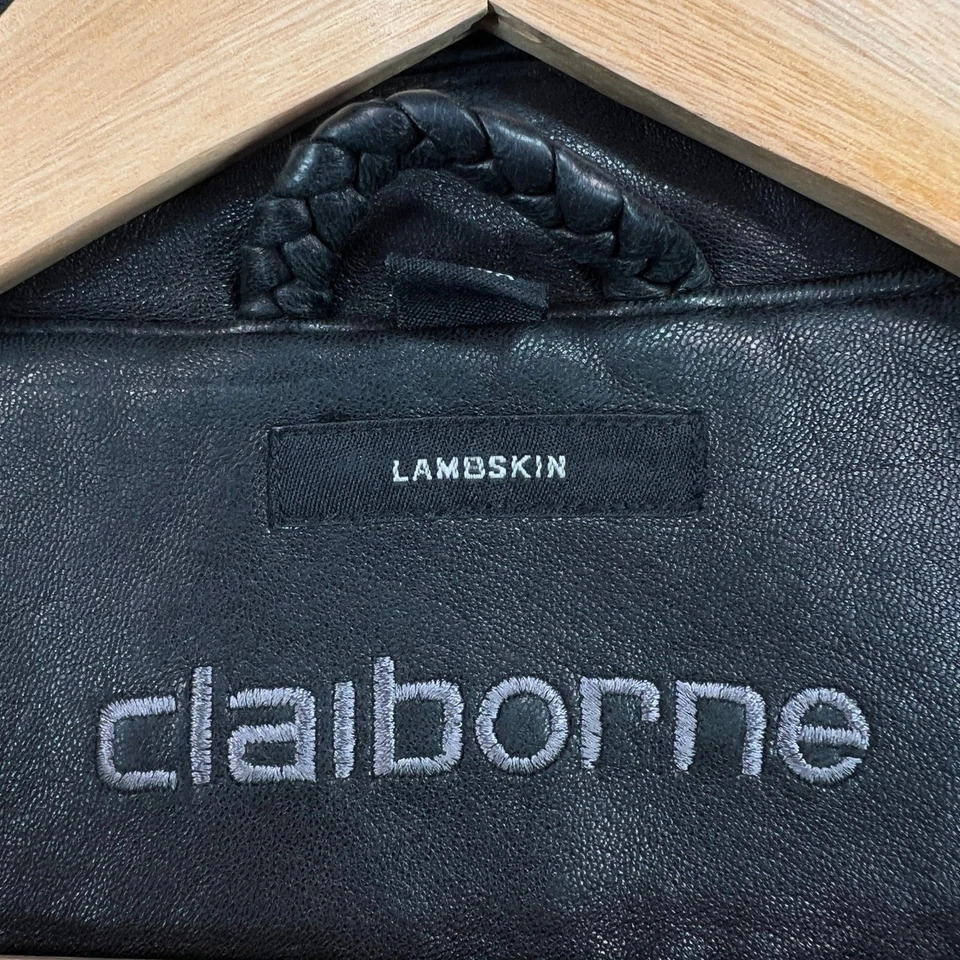 Jaqueta de couro de cordeiro masculina vintage anos 90 Claiborne XXL preta com zíper completo pequena falha - Imagem 3 de 4