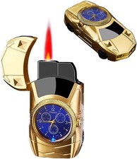 Gold Sports Car Butane Lighter Functional Clock Windproof Refillable Red Flame