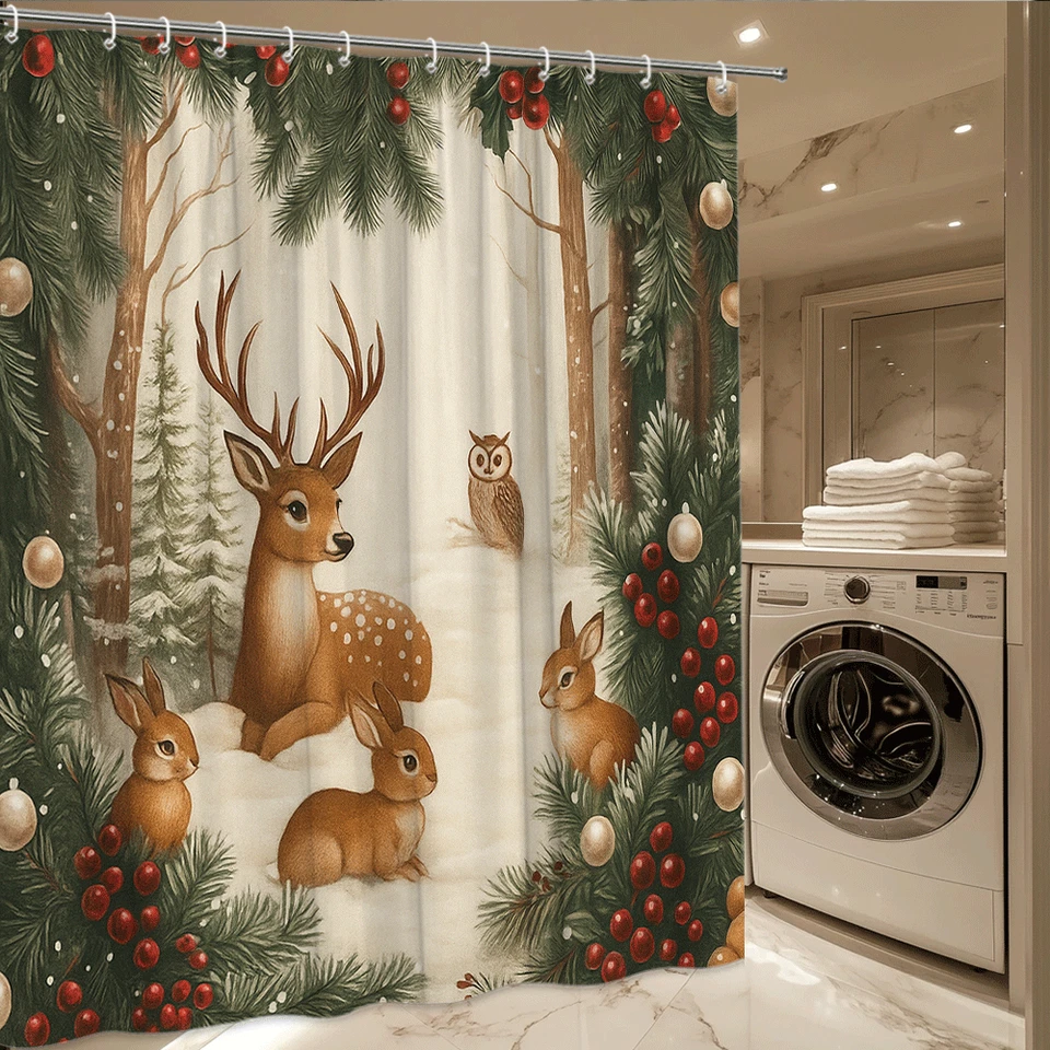 Занавеска для душа зимний праздник лес ягоды рождественский лес олень кролики сова - Изображение 3 из 4