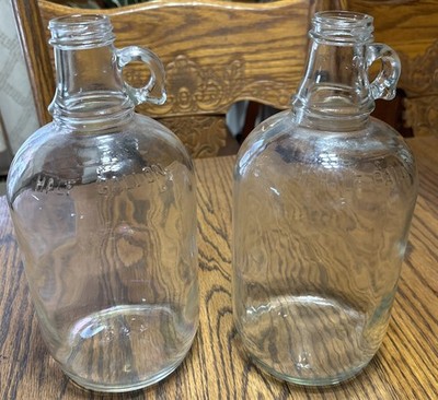 Set Of 2 Vintage Half Gallon Clear Glass Jugs With Finger Hole