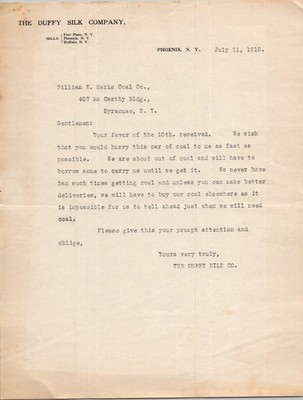 1916 Duffy Silk Co. Business Letter Phoenix NY Coal Order Ephemera