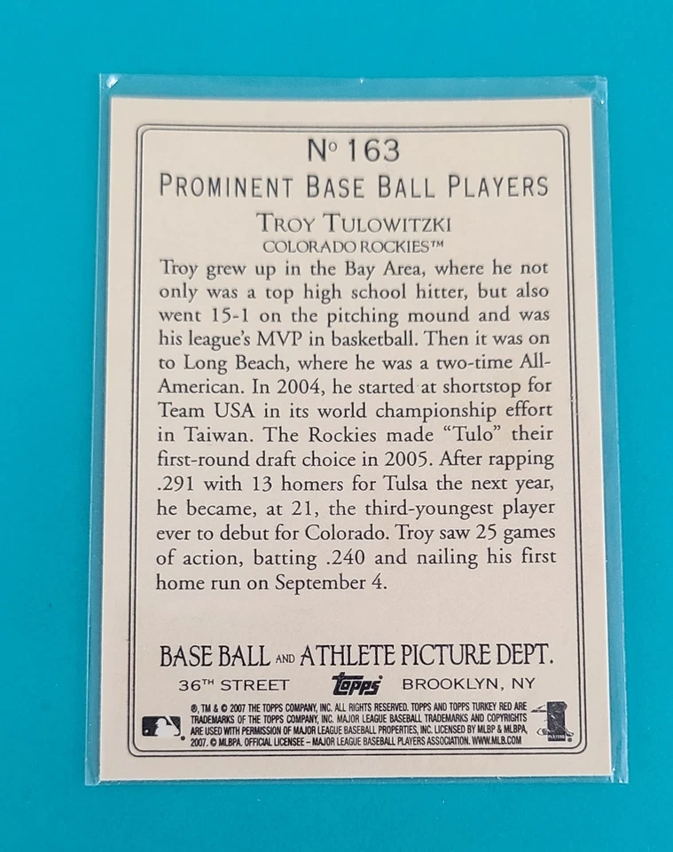2007 Topps Turkey Red RC #163 Troy Tulowitzki Colorado Rockies BASEBALL Card 7A - Image 2 of 2