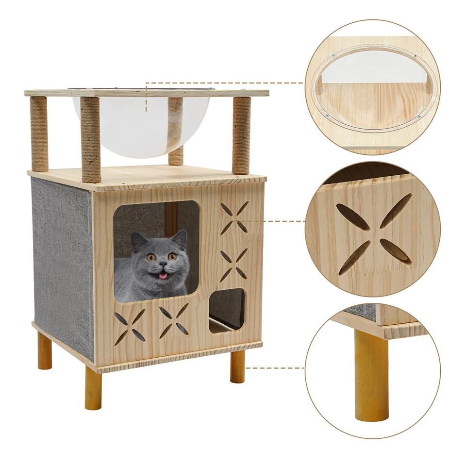 Indoor Cat Cave Bed Playhouse, 2 Tier Cat Tower, Cat Activity Tree w/ Linen Rope - Image 2 of 4