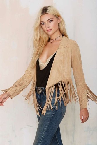Womens Western Jacket Style Suede Leather Ladies American Fringed Cowboy Coats - Bild 2 von 3