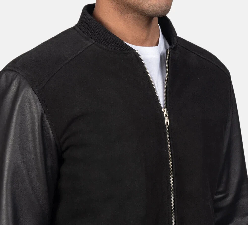 Mens Bomber Real Suede Leather Jacket With Sheep Leather Sleeves Black Coat