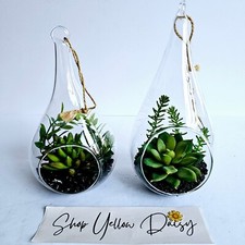 Set of 2 Teardrop Glass Succulent Terrariums Hanging Artificial Plant - M873.2