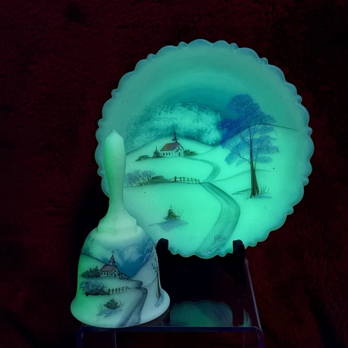 1980 Fenton Uranium Glass Bell & Plate Set Princess House Hand Painted Signed