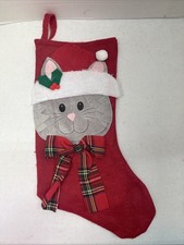 Felt Christmas Cat Kitten Stocking Gray Santa Cat Plaid Now New